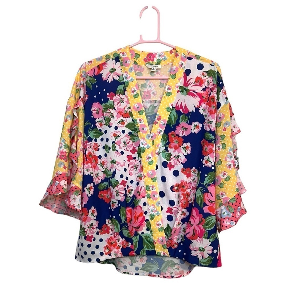 Umgee Floral Patchwork Kimono Ruffle Sleeve Boho Top Size S